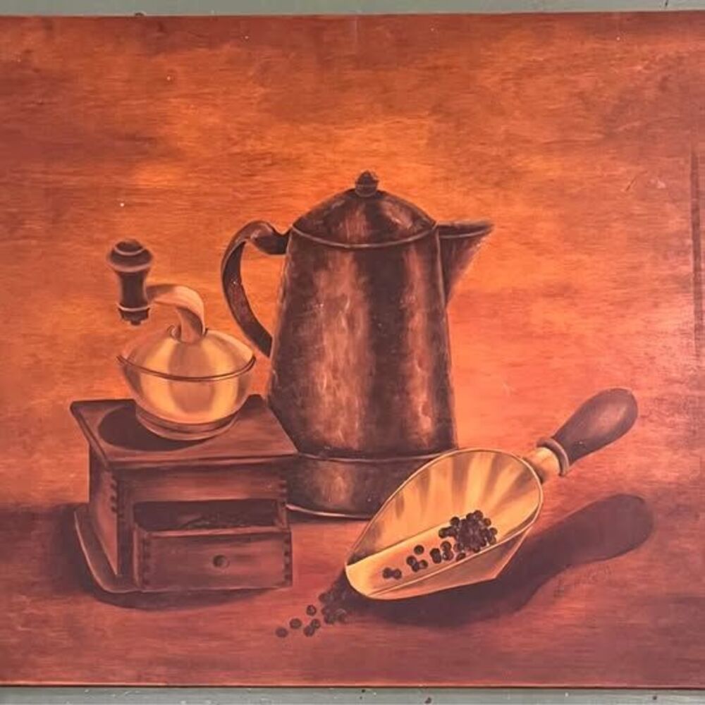 Vintage Original Wall Art on Wood Rustic Cottage Core Coffee Still Life Painting